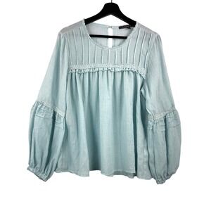 Liz Jordan Blouse sz 12 Blue Boho‎ Eyelet Lace Ruffle gauzy relaxed 90s Y2K